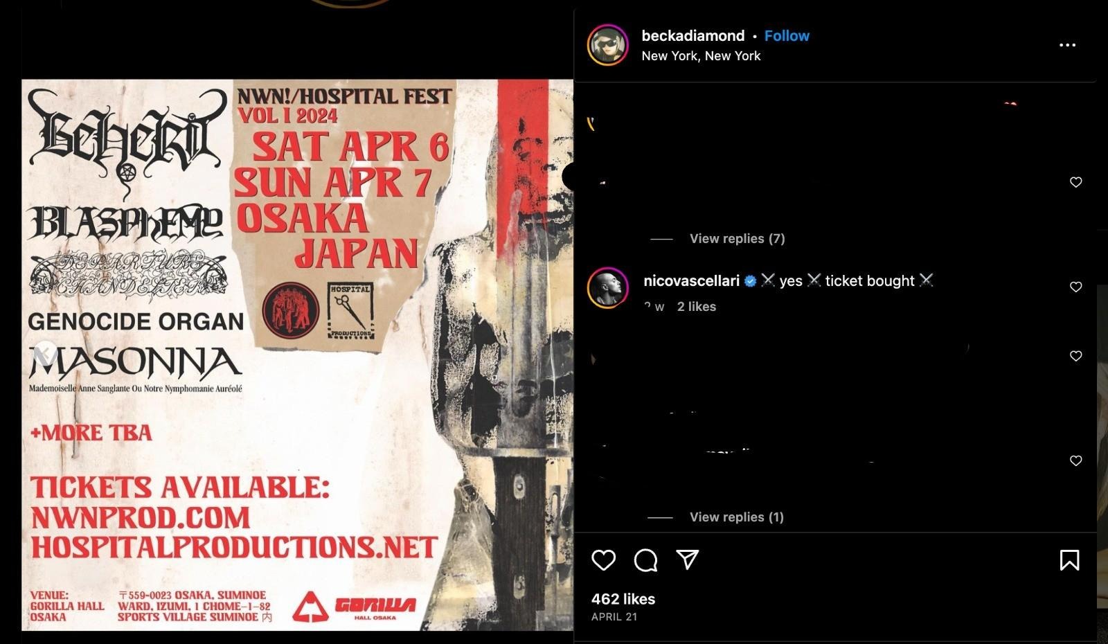 Screenshot of an instagram post from user @beckadiamond. At left is a square image of a flyer for the music festival with an off-white background. In red text on the right hand side, it says NWN! (Nuclear War Now!) / Hospital Fest Vol I 2024. Sat Apr 6, Sun Apr 7 in Osaka Japan. On the far right side is a collage-style black-and-white image of a knife overlaid on top of a skeleton. Logos for bands are on the left hand side in black stylized German Fraktur font for bands Beherit, Blasphemy, Masonna, and Genocide Organ. More artists TBA. In red text along the bottom is written: Tickets Available: nwnprod.com, hospitalproductions,net. Venue: Gorilla Hill Osaka. 559-0023 Osaka Suminoe Ward Izumi, I Chome-1-82. Sports Village Suminoe. On the right, the username @beckadiamond is visible at the top, and @nicovascellari commented, "yes ticket bought" with some sword emojis.