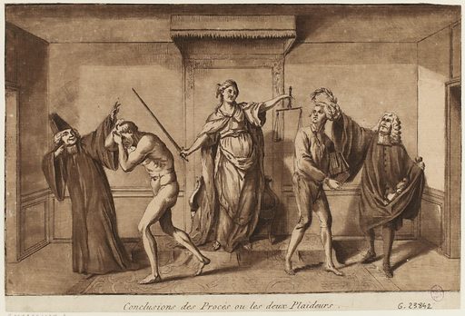 Vintage cartoon of one person getting punished while another is crowned. The female personification of Justice looks on, smiling.